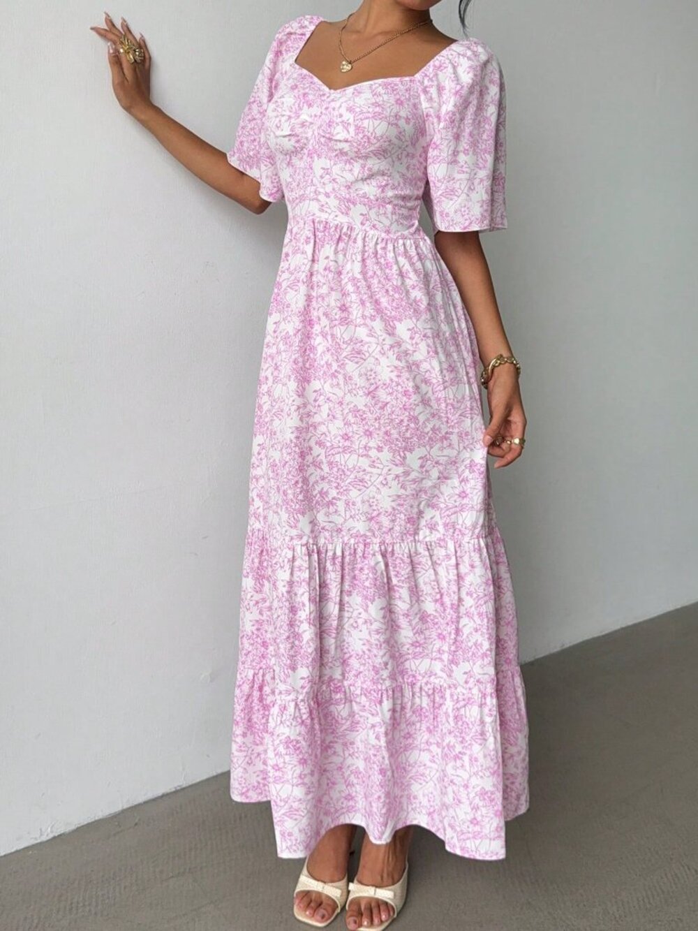 Pink Boho Women's Short Sleeve Beach Ditsy Floral Maxi Dress - Picture 4 of 6